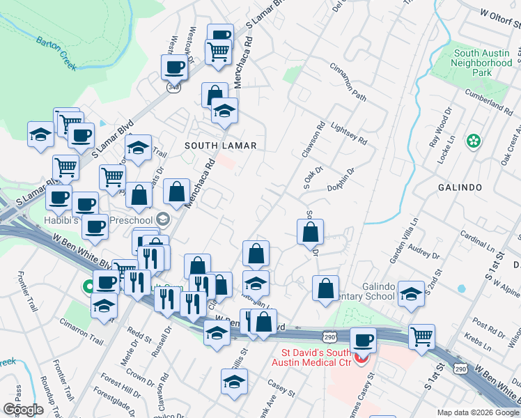 map of restaurants, bars, coffee shops, grocery stores, and more near 3700 Clawson Road in Austin