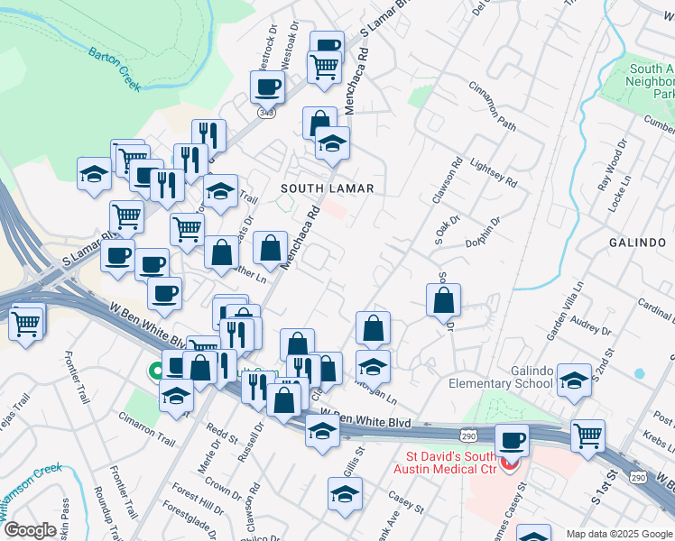 map of restaurants, bars, coffee shops, grocery stores, and more near 3900 Valley View Road in Austin