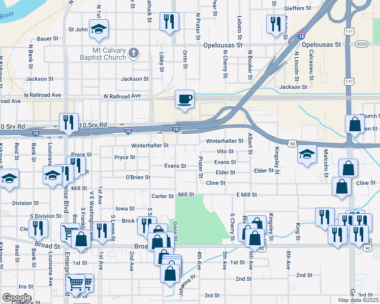 map of restaurants, bars, coffee shops, grocery stores, and more near 1938 Winterhalter Street in Lake Charles