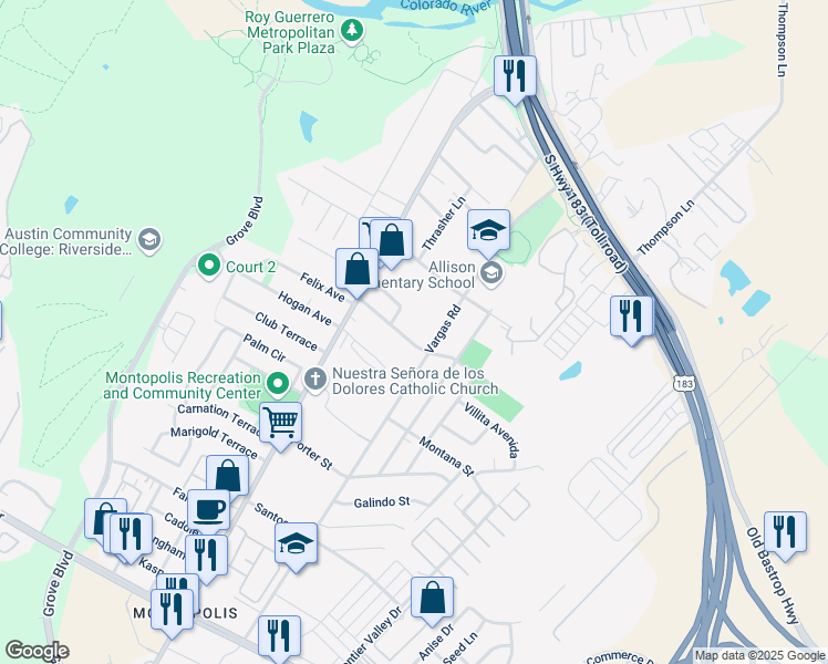 map of restaurants, bars, coffee shops, grocery stores, and more near 6413 Felix Avenue in Austin