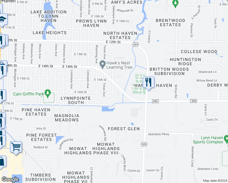 map of restaurants, bars, coffee shops, grocery stores, and more near 1519 Delaware Avenue in Lynn Haven