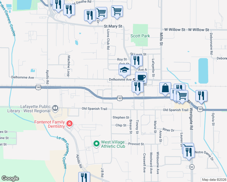 map of restaurants, bars, coffee shops, grocery stores, and more near 900-910 Sunset Street in Scott