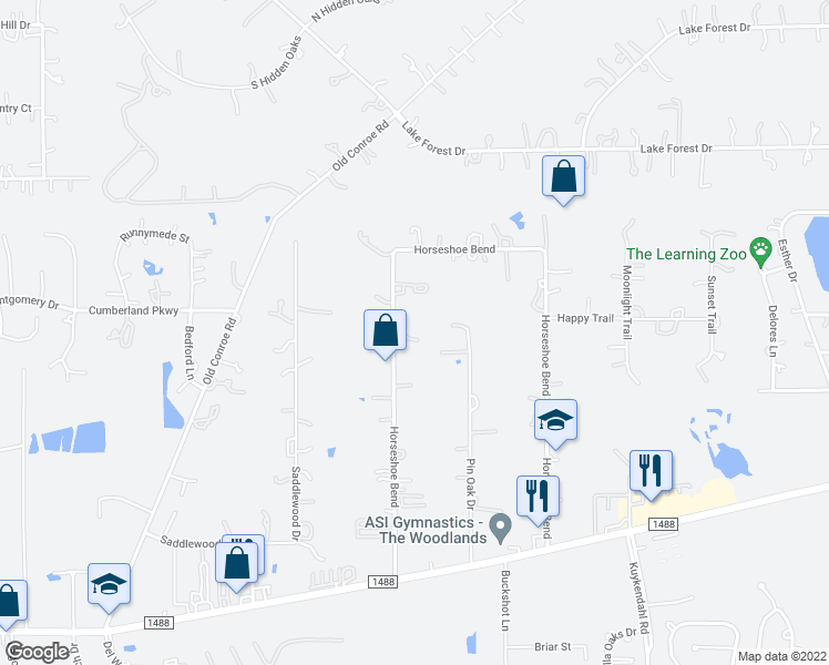 map of restaurants, bars, coffee shops, grocery stores, and more near 14112 Horseshoe Bend in Conroe