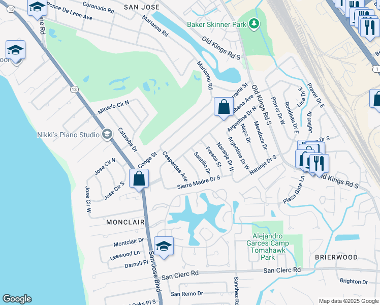 map of restaurants, bars, coffee shops, grocery stores, and more near 8008 Santillo Drive in Jacksonville