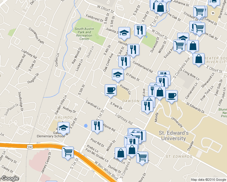 map of restaurants, bars, coffee shops, grocery stores, and more near S 1st St & Peacock Ln in Austin