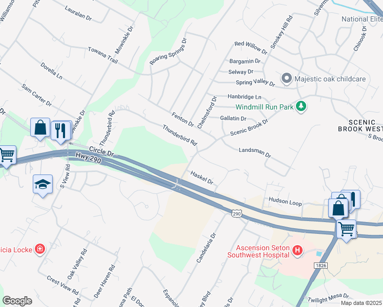 map of restaurants, bars, coffee shops, grocery stores, and more near 8000 Scenic Brook Drive in Austin