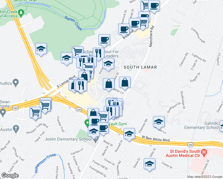 map of restaurants, bars, coffee shops, grocery stores, and more near 2109 Prather Lane in Austin