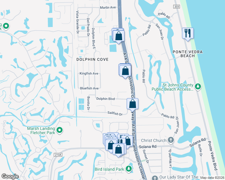 map of restaurants, bars, coffee shops, grocery stores, and more near 6 Tarpon Road East in Ponte Vedra Beach