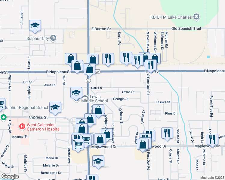 map of restaurants, bars, coffee shops, grocery stores, and more near 1122 Texas Street in Sulphur