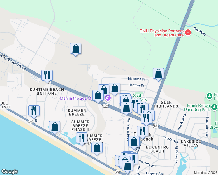 map of restaurants, bars, coffee shops, grocery stores, and more near 120 Heather Drive in Panama City Beach