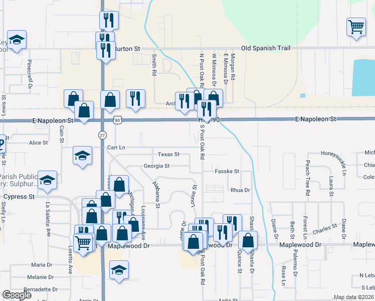 map of restaurants, bars, coffee shops, grocery stores, and more near 1228 Texas Street in Sulphur