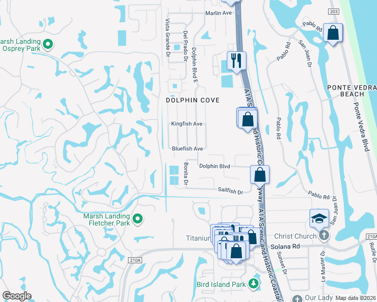 map of restaurants, bars, coffee shops, grocery stores, and more near 4 Bonita Drive in Ponte Vedra Beach