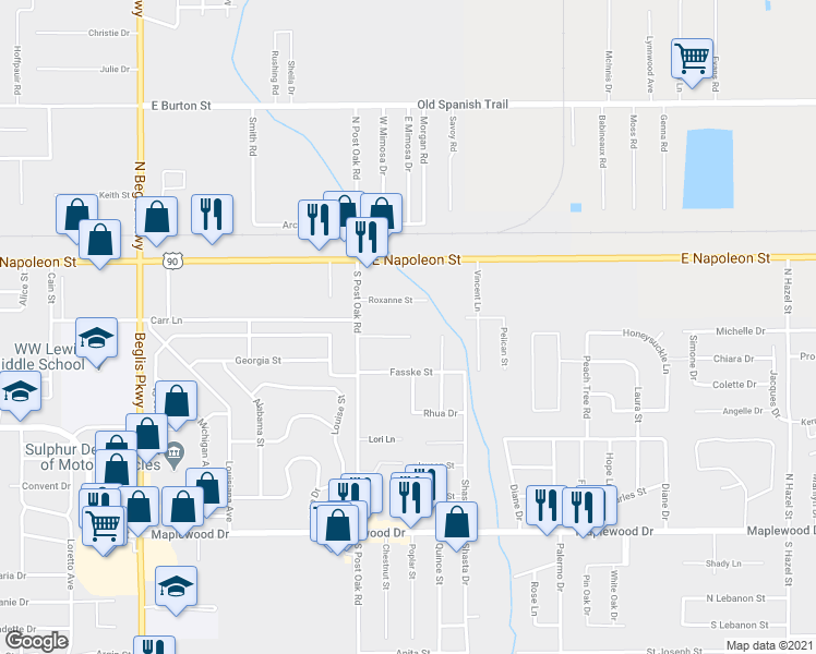map of restaurants, bars, coffee shops, grocery stores, and more near 2328 Merwood Street in Sulphur