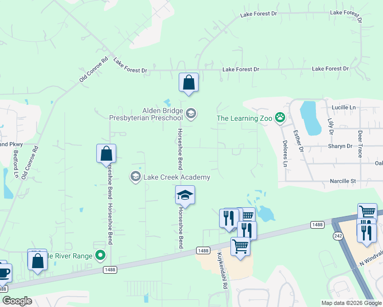 map of restaurants, bars, coffee shops, grocery stores, and more near 10366 Happy Trail in Conroe