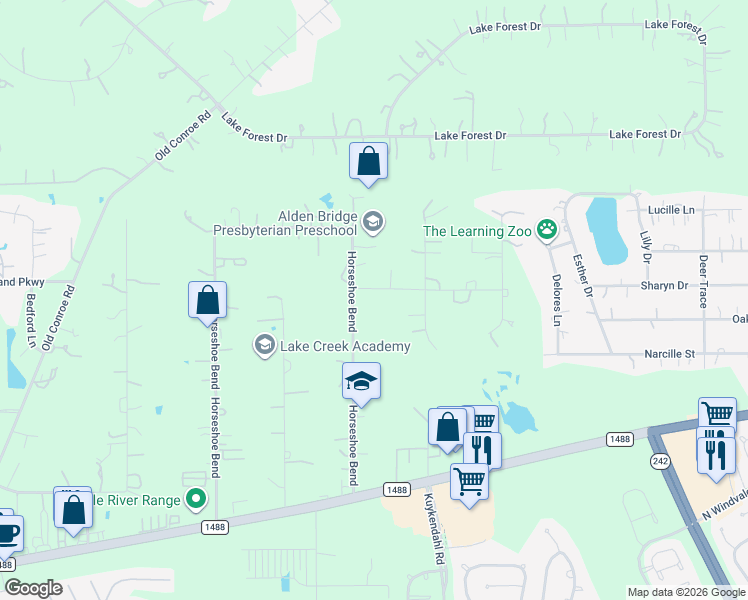 map of restaurants, bars, coffee shops, grocery stores, and more near 10366 Happy Trail in Conroe