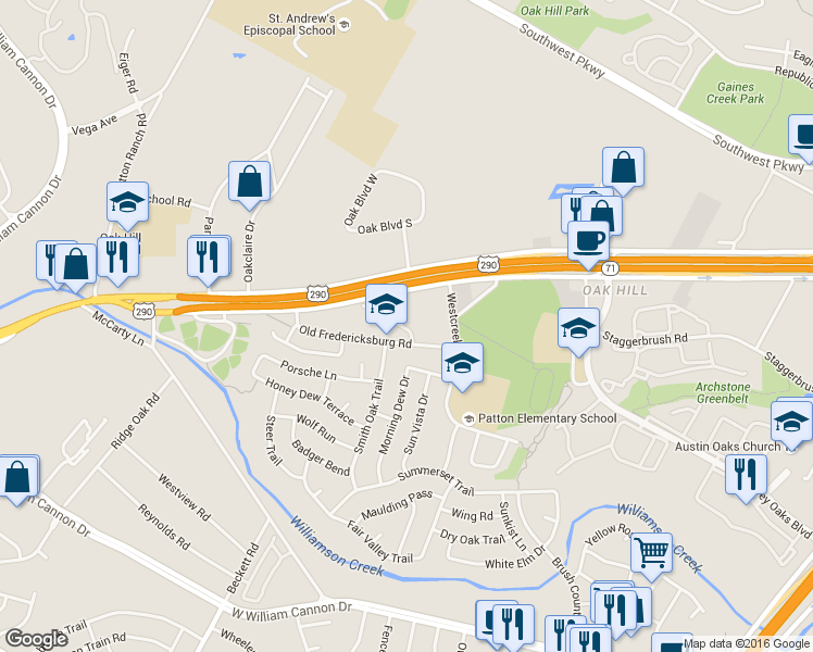 map of restaurants, bars, coffee shops, grocery stores, and more near 5801 West US Highway 290 Service Road in Austin