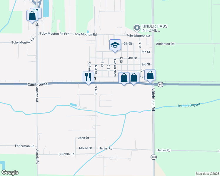 map of restaurants, bars, coffee shops, grocery stores, and more near 9013 Cameron Street in Duson