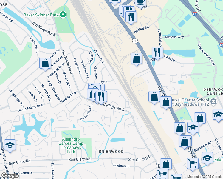 map of restaurants, bars, coffee shops, grocery stores, and more near 8108 San Jose Manor Drive East in Jacksonville