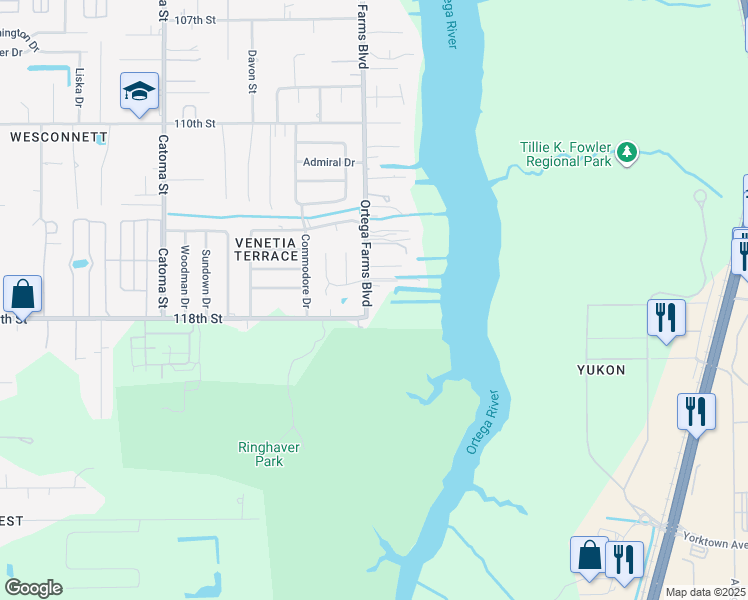 map of restaurants, bars, coffee shops, grocery stores, and more near 6343 Ortega Farms Boulevard in Jacksonville