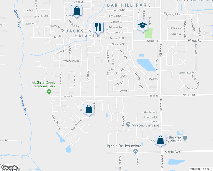 map of restaurants, bars, coffee shops, grocery stores, and more near 6350 Norse Drive in Jacksonville