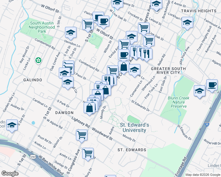 map of restaurants, bars, coffee shops, grocery stores, and more near 2713 South Congress Avenue in Austin