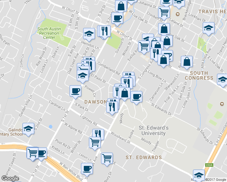 map of restaurants, bars, coffee shops, grocery stores, and more near 204 Brewster Street in Austin