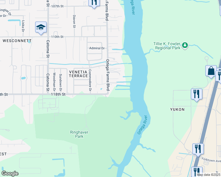map of restaurants, bars, coffee shops, grocery stores, and more near 6343 Ortega Farms Boulevard in Jacksonville