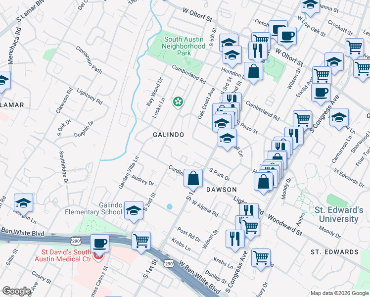 map of restaurants, bars, coffee shops, grocery stores, and more near 3200 South 1st Street in Austin