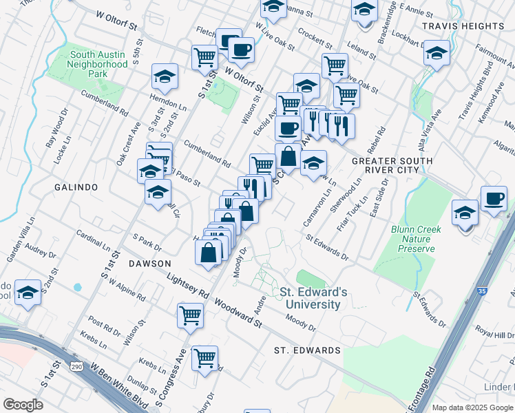 map of restaurants, bars, coffee shops, grocery stores, and more near 2730 South Congress Avenue in Austin