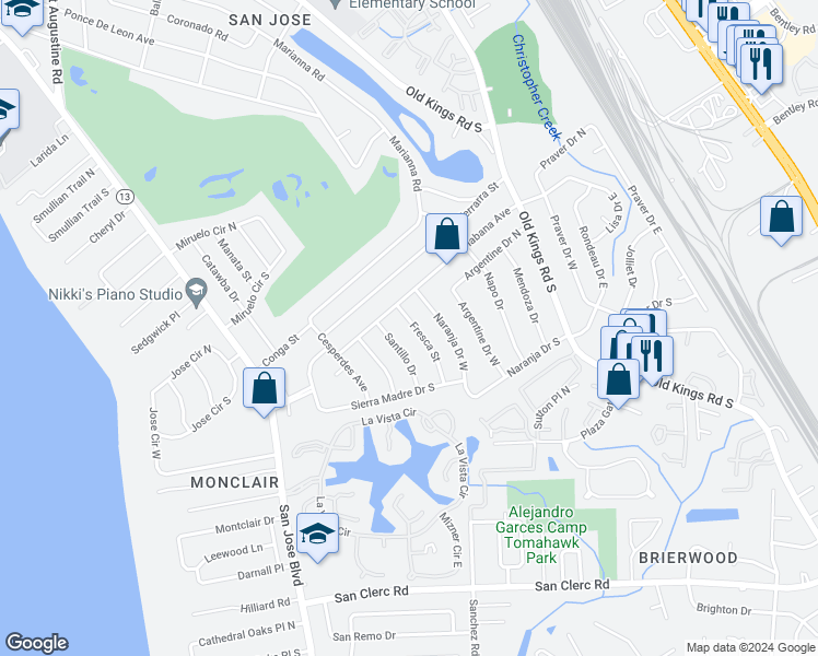 map of restaurants, bars, coffee shops, grocery stores, and more near 7940 Fresca Street in Jacksonville