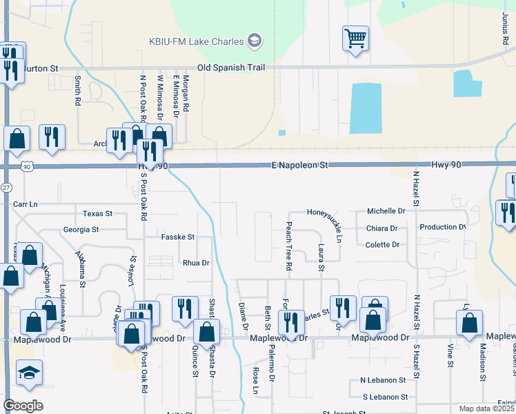 map of restaurants, bars, coffee shops, grocery stores, and more near 1065 Laura Cir in Sulphur