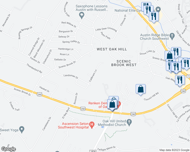 map of restaurants, bars, coffee shops, grocery stores, and more near 7507 Callbram Lane in Austin