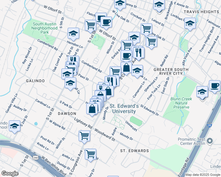 map of restaurants, bars, coffee shops, grocery stores, and more near 2730 South Congress Avenue in Austin