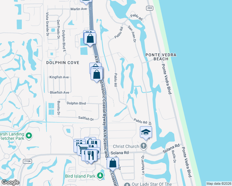 map of restaurants, bars, coffee shops, grocery stores, and more near 320 Pablo Road in Ponte Vedra Beach
