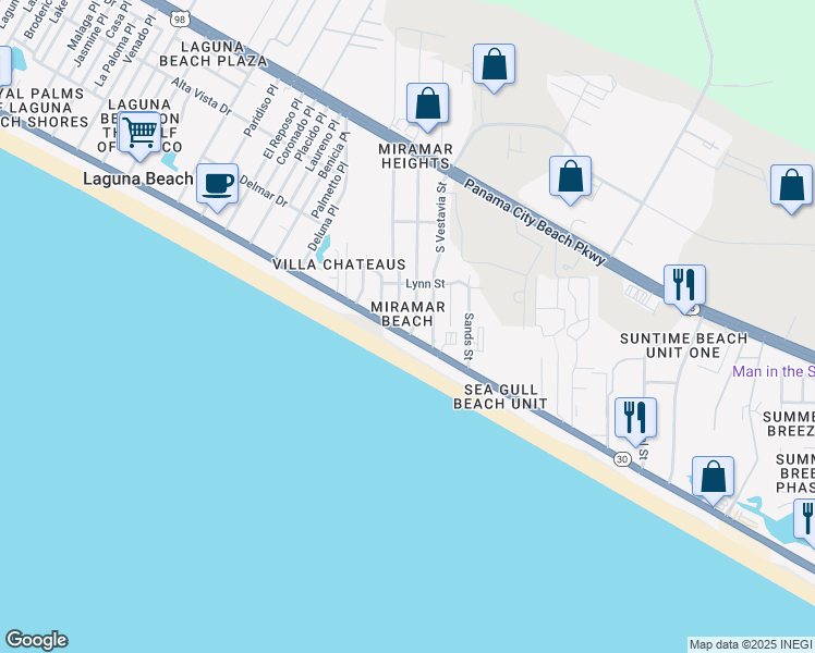 map of restaurants, bars, coffee shops, grocery stores, and more near 17820 Front Beach Road in Panama City Beach