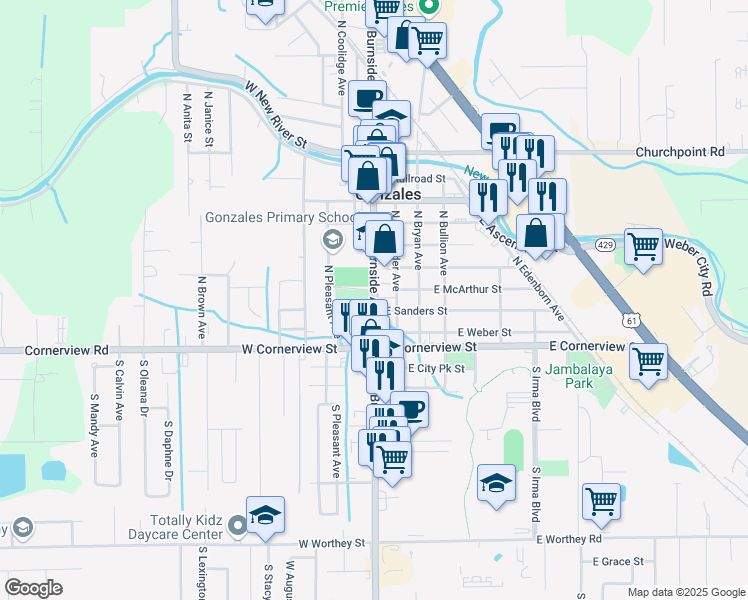 map of restaurants, bars, coffee shops, grocery stores, and more near 521 North Burnside Avenue in Gonzales