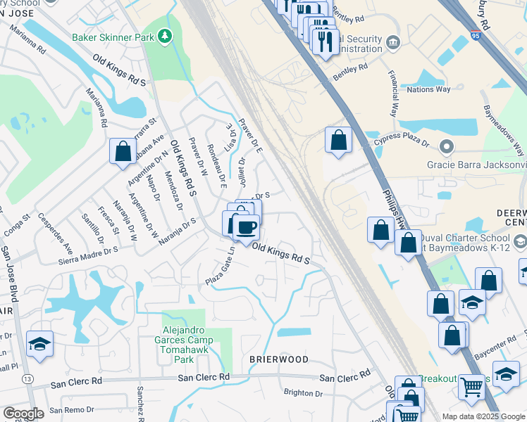 map of restaurants, bars, coffee shops, grocery stores, and more near 4730 San Jose Manor Drive West in Jacksonville