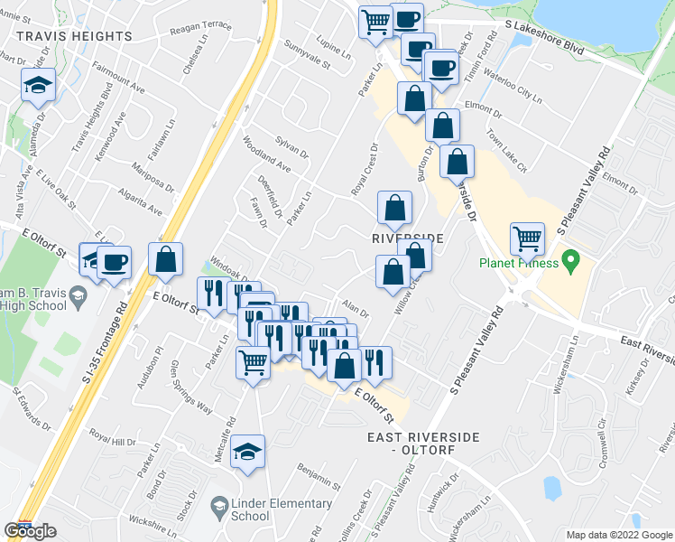 map of restaurants, bars, coffee shops, grocery stores, and more near 1900 Burton Drive in Austin