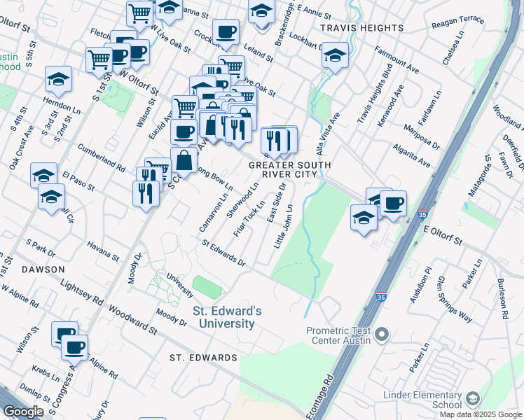 map of restaurants, bars, coffee shops, grocery stores, and more near 617 Long Bow Lane in Austin