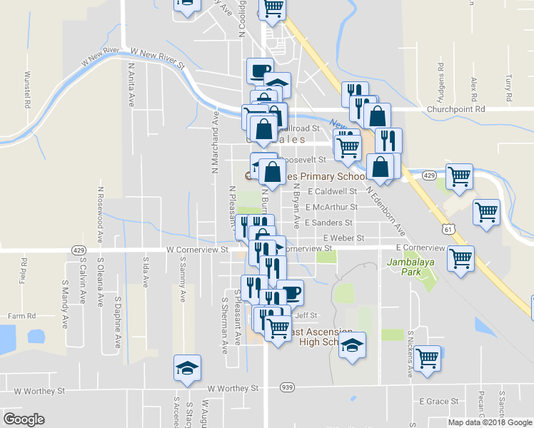 map of restaurants, bars, coffee shops, grocery stores, and more near 201 North Burnside Avenue in Gonzales