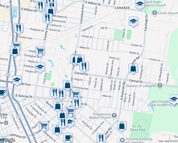 map of restaurants, bars, coffee shops, grocery stores, and more near 421 Carmel Drive in Lafayette