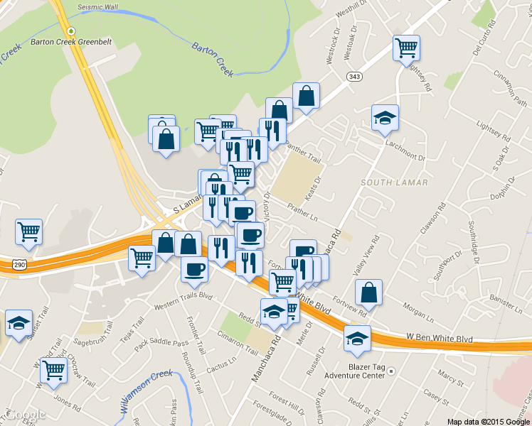 map of restaurants, bars, coffee shops, grocery stores, and more near 4105 Victory Drive in Austin