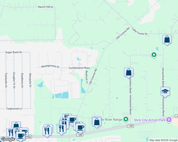 map of restaurants, bars, coffee shops, grocery stores, and more near 15533 Bedford Lane in Conroe