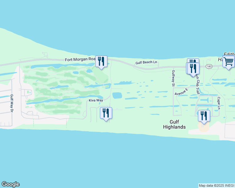 map of restaurants, bars, coffee shops, grocery stores, and more near 7273 Kiva Dr S in Gulf Shores
