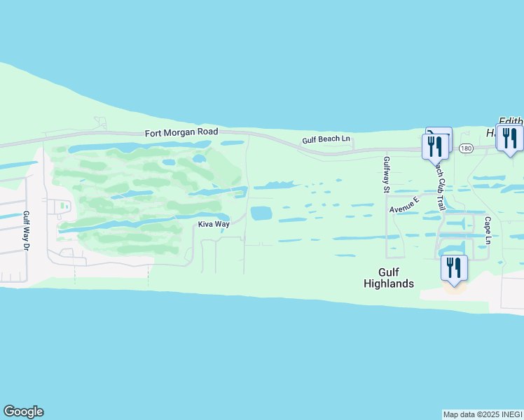 map of restaurants, bars, coffee shops, grocery stores, and more near 7249-7273 Kiva Dr S in Gulf Shores