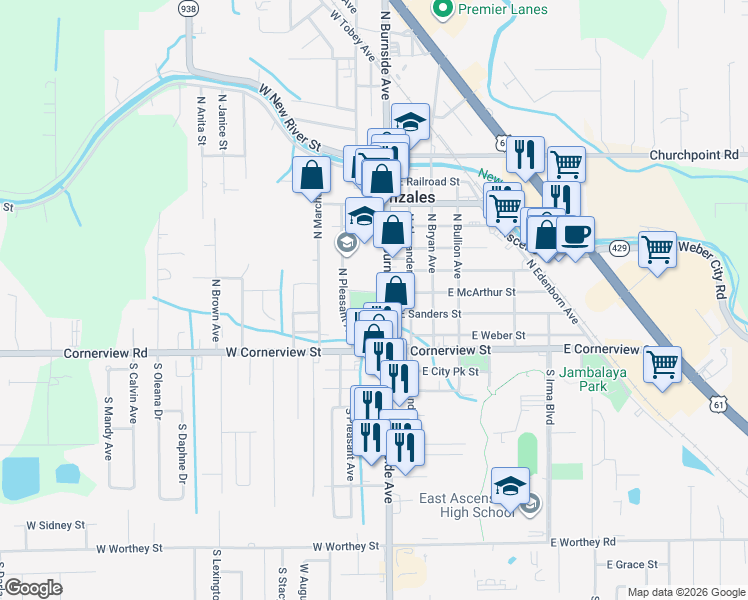 map of restaurants, bars, coffee shops, grocery stores, and more near 201-299 North Burnside Avenue in Gonzales
