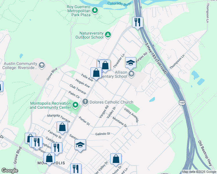 map of restaurants, bars, coffee shops, grocery stores, and more near 6413 Felix Avenue in Austin