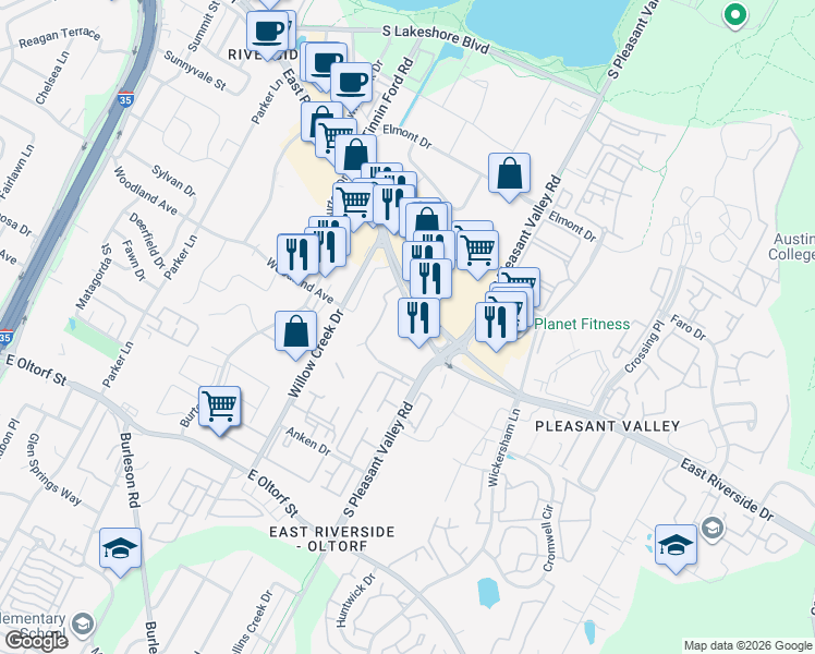 map of restaurants, bars, coffee shops, grocery stores, and more near 2505 East Riverside Drive in Austin
