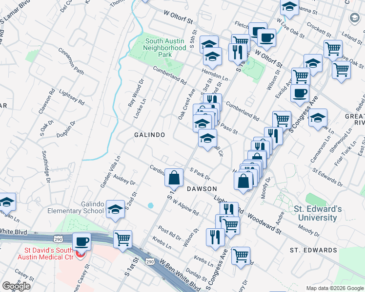 map of restaurants, bars, coffee shops, grocery stores, and more near 612 12 Oaks Lane in Austin