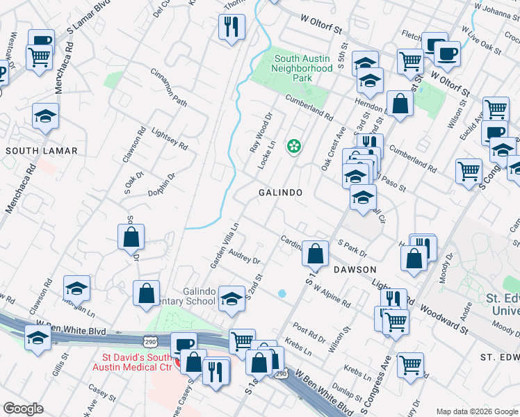 map of restaurants, bars, coffee shops, grocery stores, and more near 912 Cardinal Lane in Austin